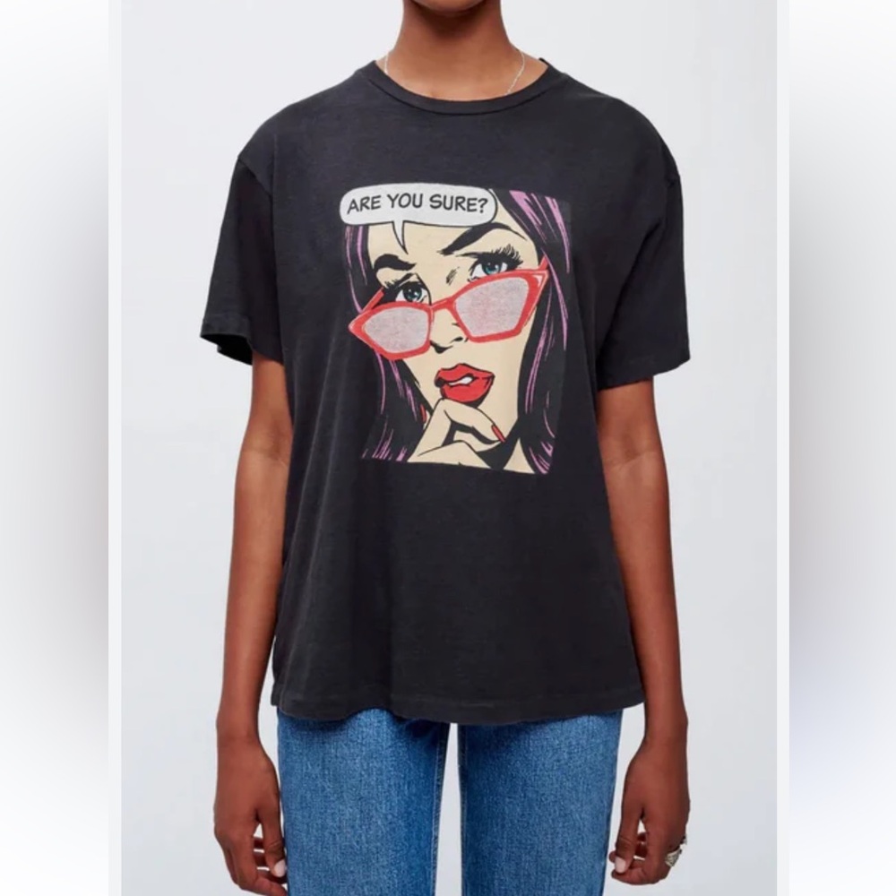 Re/Done NWT Black 'Are You Sure' Graphic 100% Cotton Short Sleeve Tshirt